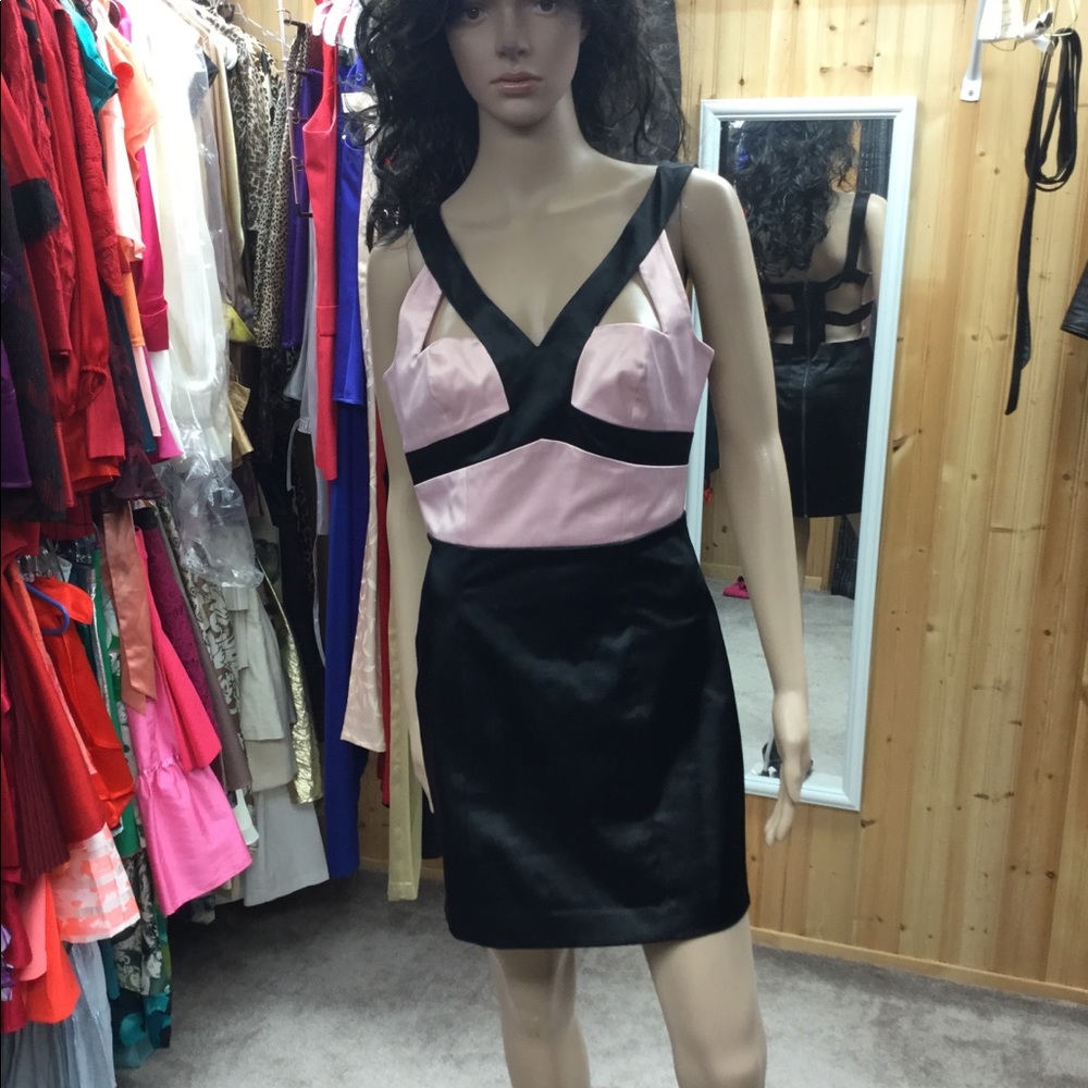 Bebe pink and black satin bandage dress